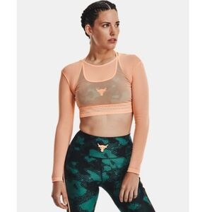 UNDER ARMOUR Project Rock Peach Horizon Black Orange Sheer Mesh crop top size XS